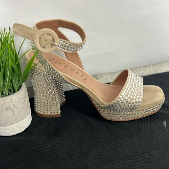 Anthropologie Vicenza Beige Platform Sparkly Ankle Straps High Heels - 4.5” - Picture 2 of 8